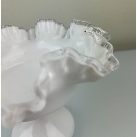 Fenton Silver Crest Pedestal Compote Bowl Clear Ribbon Ruffle White Milk Glass - Picture 4 of 13